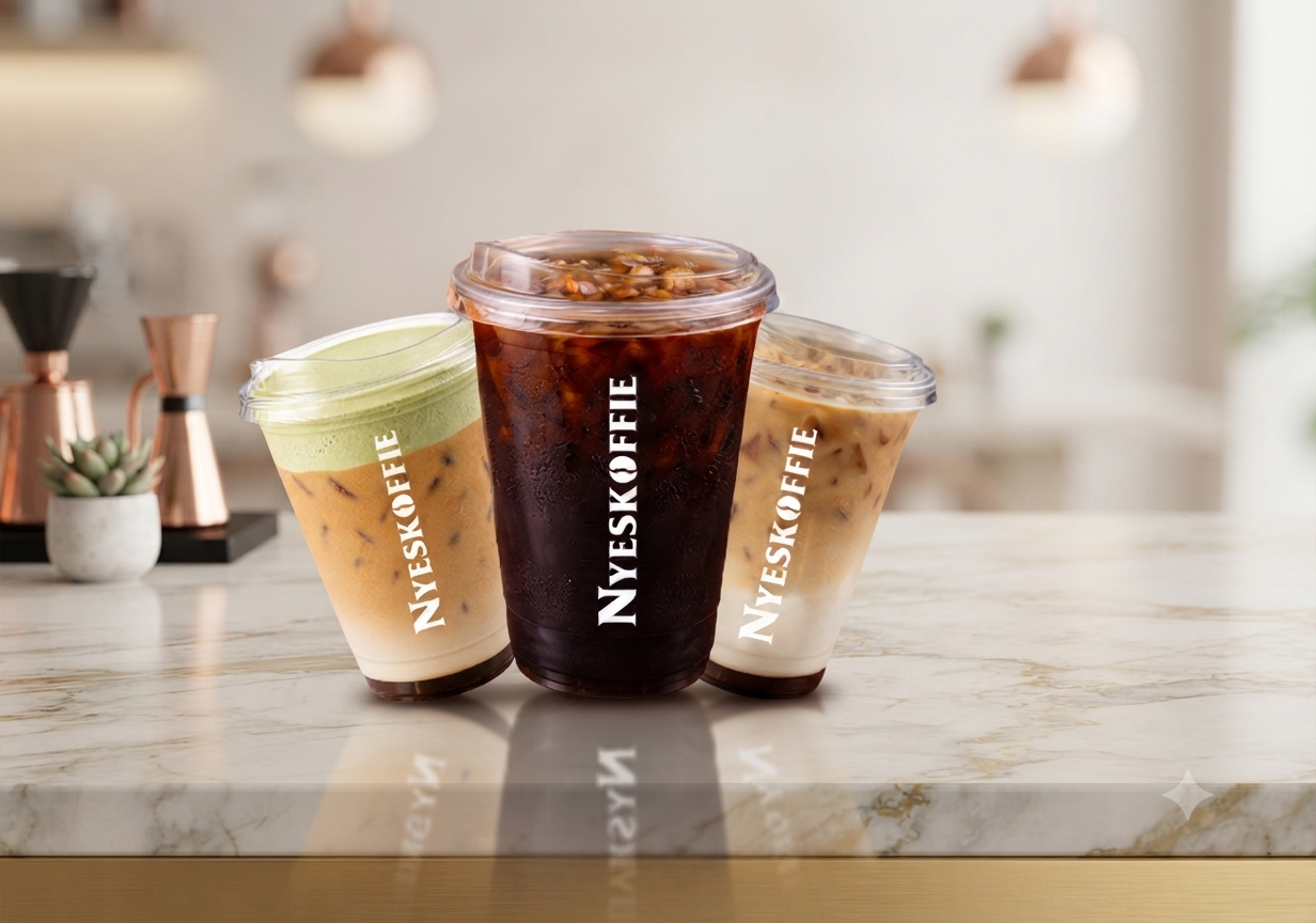Tiga gelas minuman Nyeskoffie di atas meja marmer