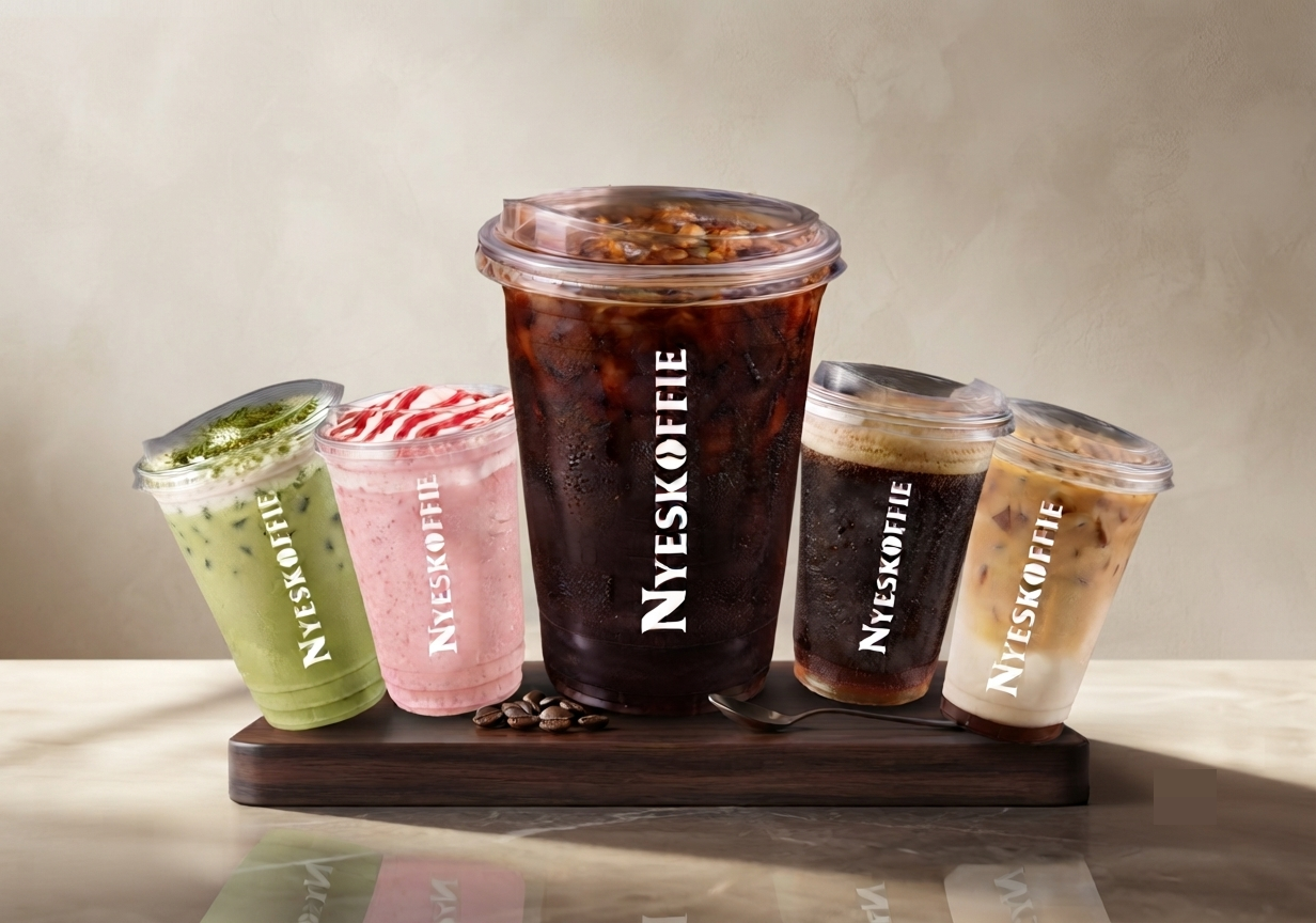 Tiga gelas minuman Nyeskoffie di atas meja marmer